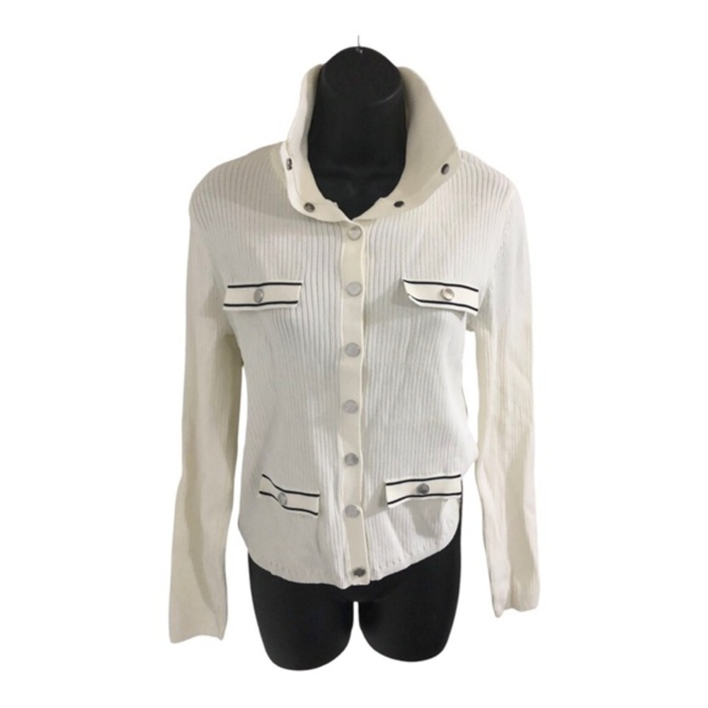 Jason Wu ivory black ribbed high neck snap button cardigan sweater size large